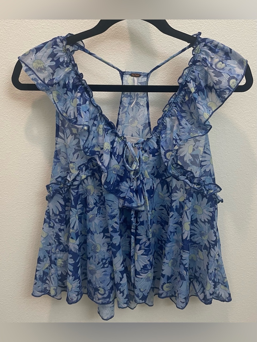 Free People Boho Blue Floral Ruffle Tie-Front Tank Top